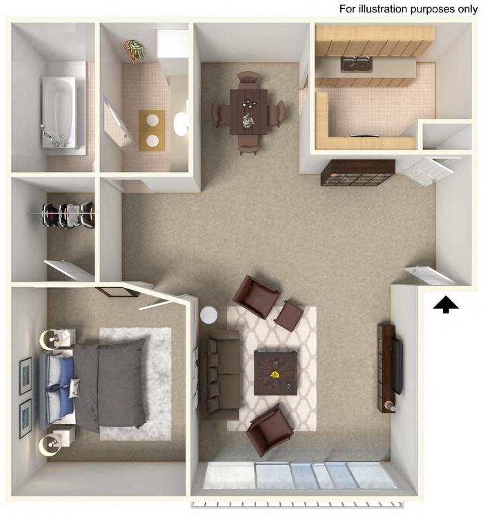 Floor plan for 1 bed, 1 bath, 710 sqft